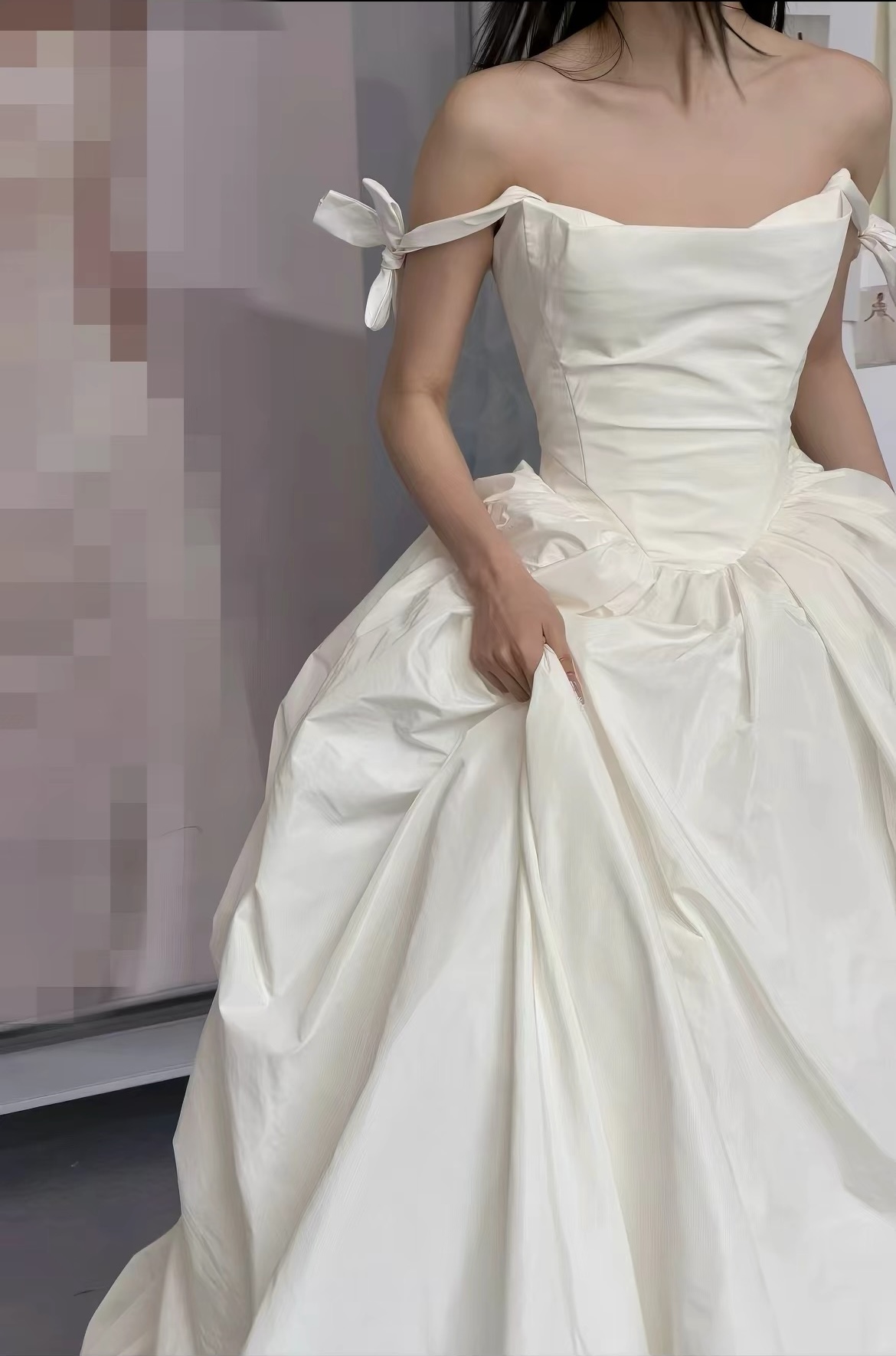 Client try-on bodice and waist detail for Mina's white taffeta ballgown after Korea delivery