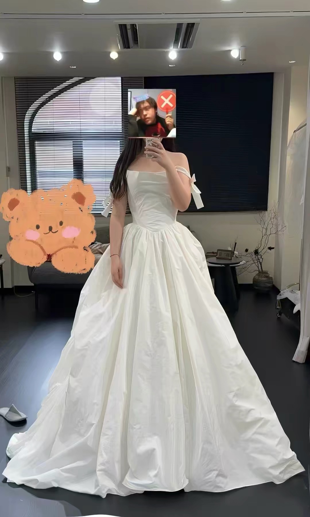 Client try-on full-length mirror photo for Mina's white taffeta ballgown after Korea delivery