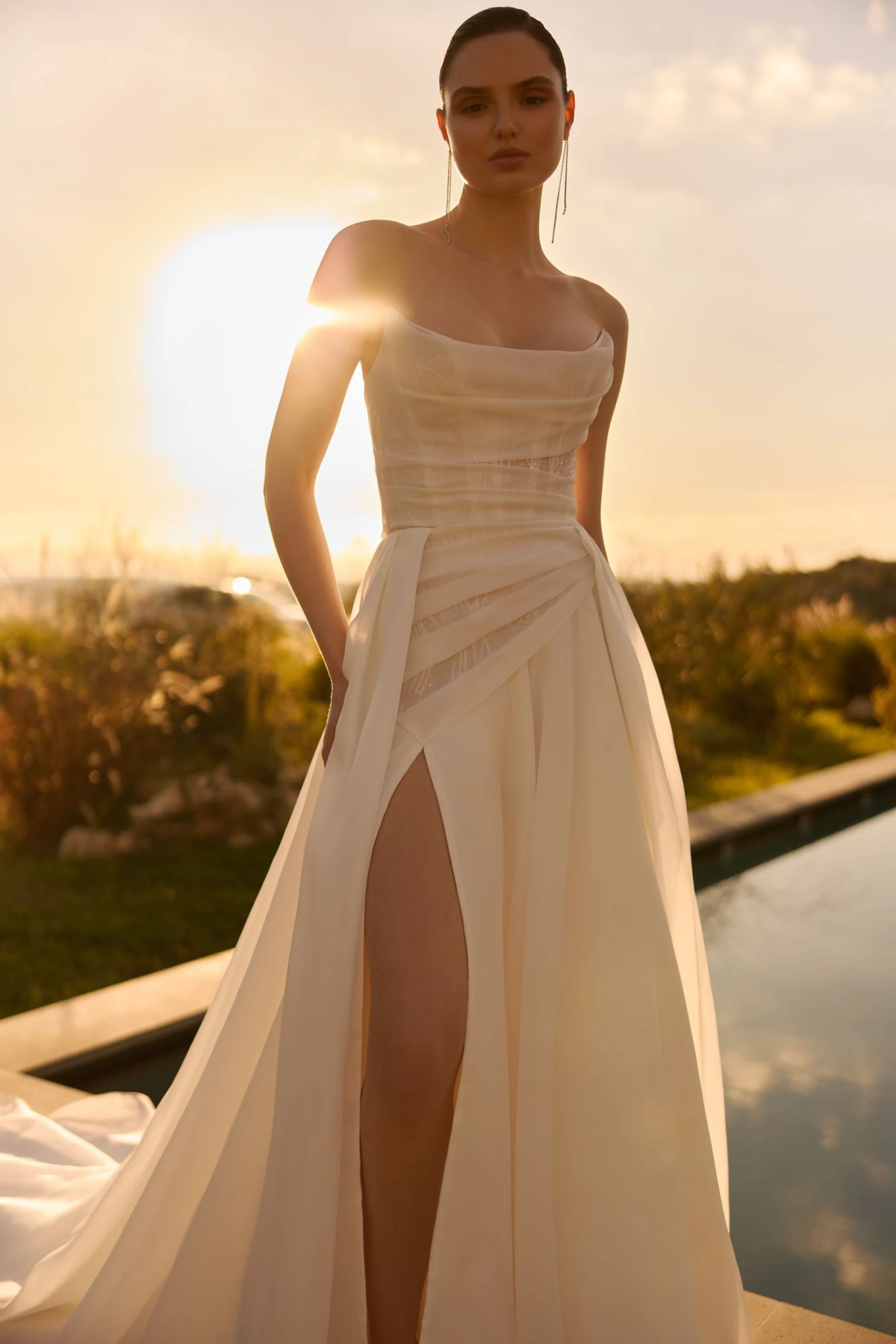 Pollardi Couture Glimmer neckline and draping inspiration reference for Klara's custom premium chiffon A-line wedding dress