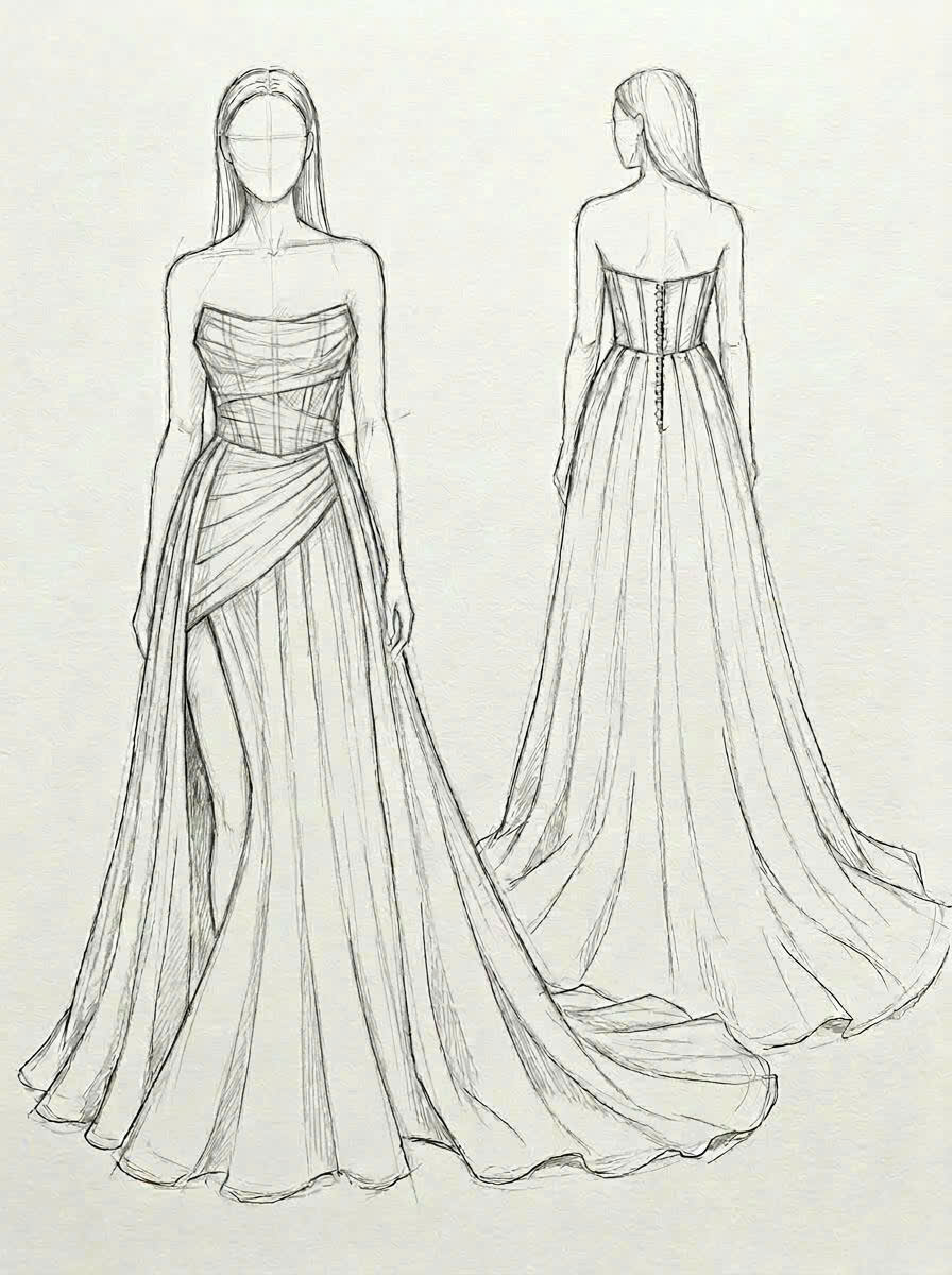 Working sketch for Klara's bespoke neckline premium chiffon A-line wedding dress with draped bodice and train