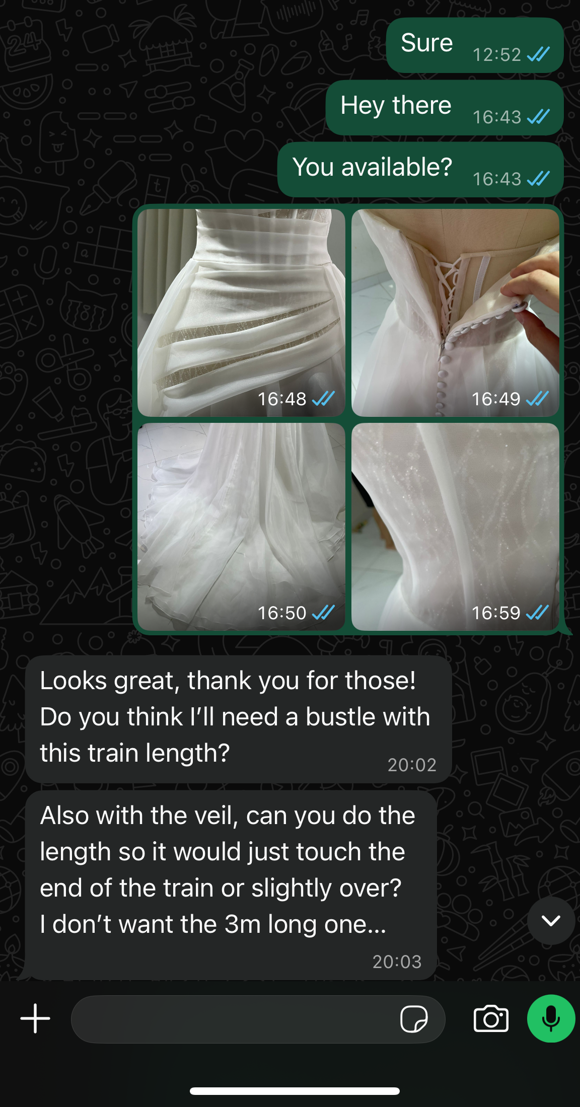 Redacted WhatsApp QC conversation about Klara's chiffon draping, train length, and veil length before Australia delivery