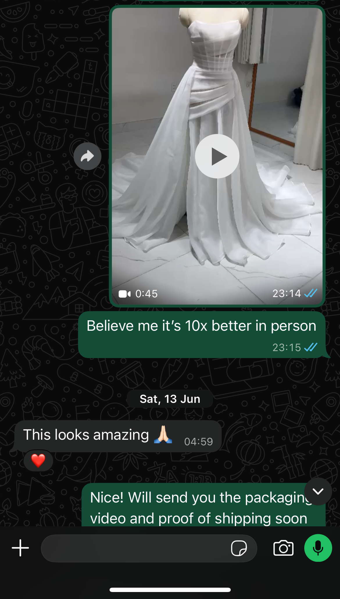 Redacted WhatsApp final QC video approval for Klara's premium chiffon A-line wedding dress before shipping