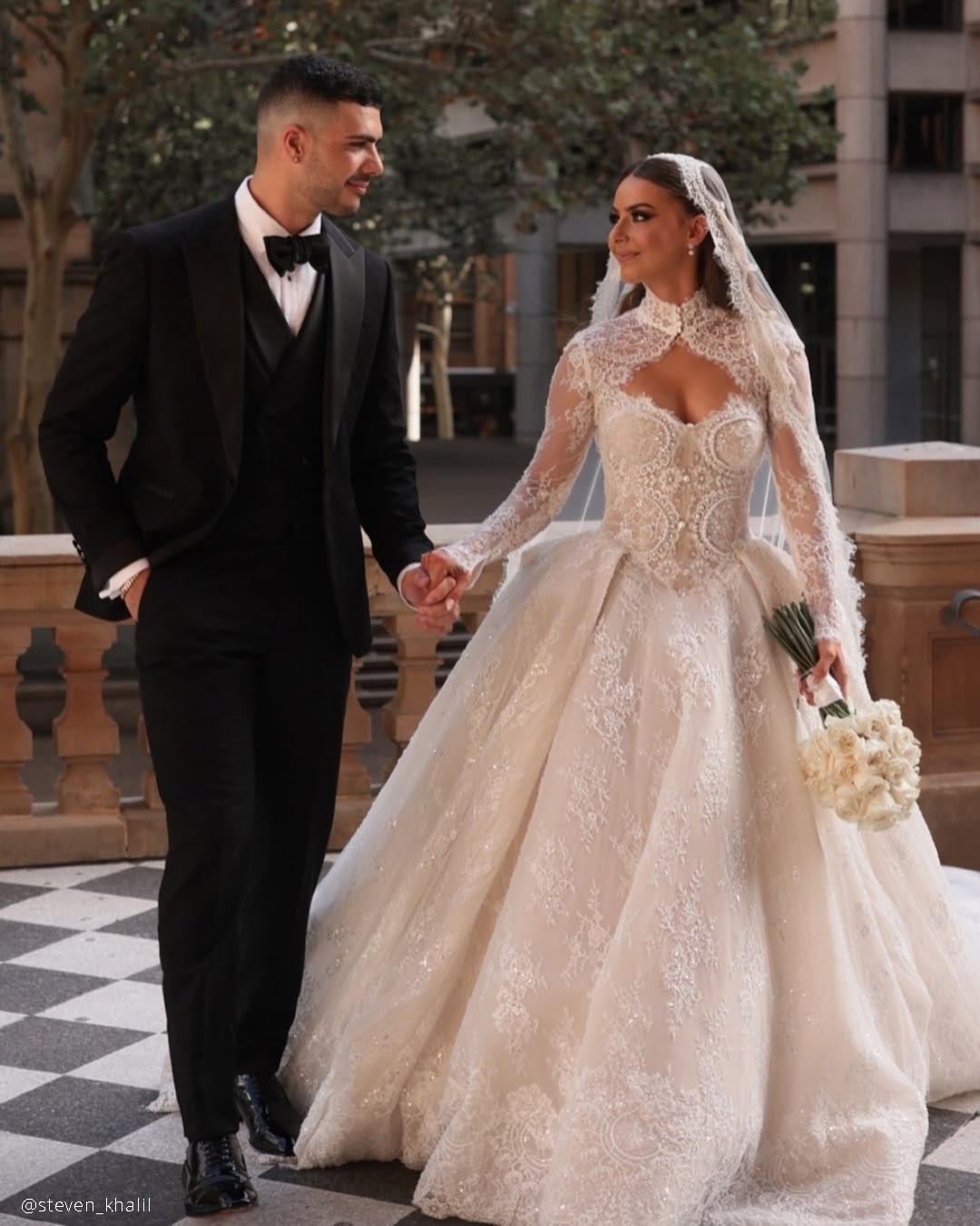 Pinterest inspiration reference for Mary Jay's premium glitter lace ballgown brief with high lace neckline, sleeves, full skirt, and train