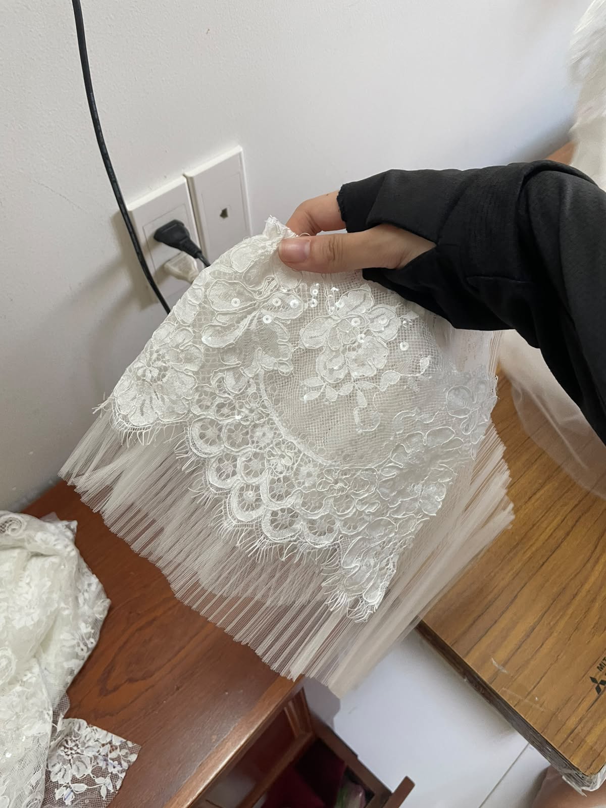 Bell sleeve hand piece lace detail for Mary Jay's custom glitter lace ballgown by VI Dressmakers Vietnam