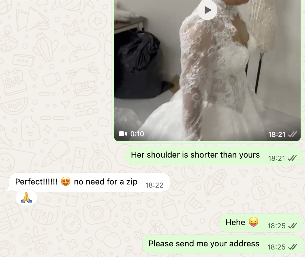Redacted WhatsApp QC approval from Mary Jay after reviewing sleeve and closure proof for her custom glitter lace ballgown