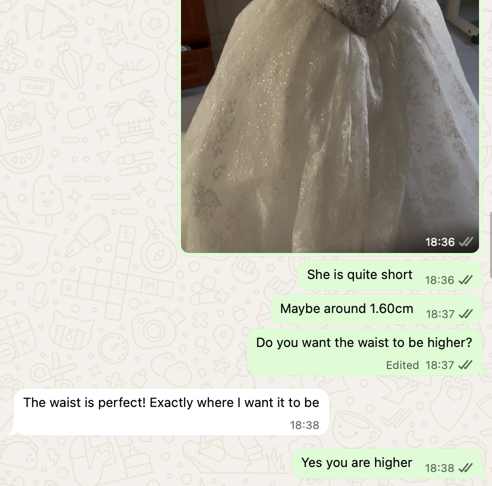 Redacted WhatsApp QC approval from Mary Jay confirming waist placement on her custom glitter lace ballgown