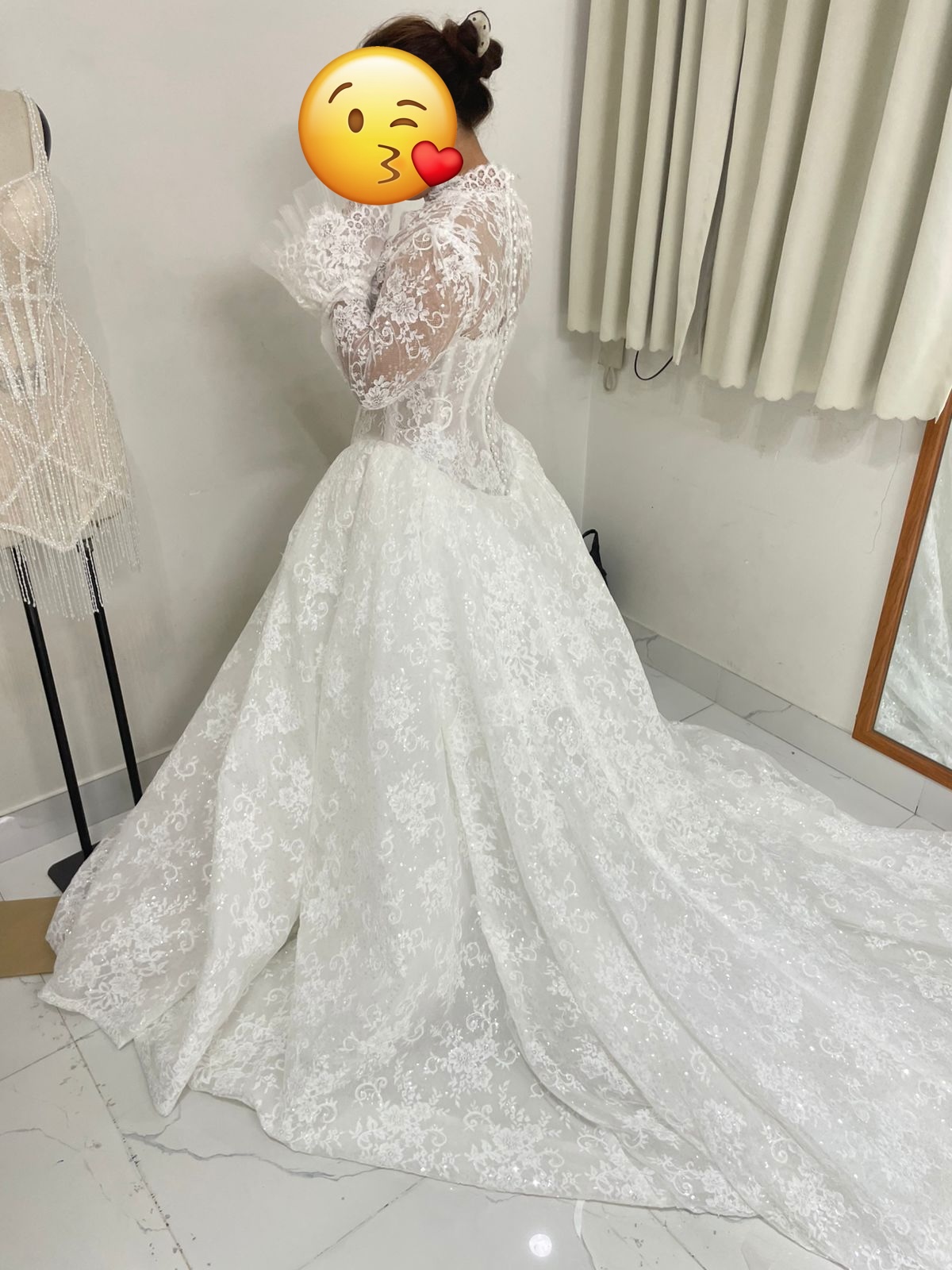 Final side QC of Mary Jay's glitter lace ballgown showing sleeve coverage, bodice, full skirt, and train