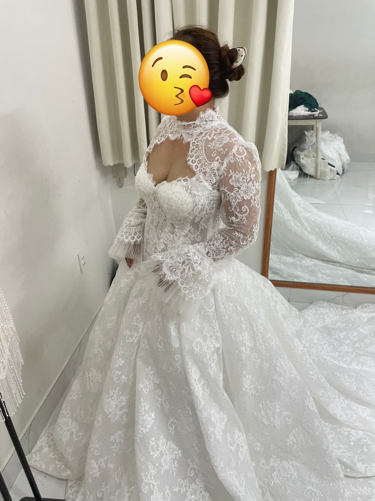 Final front QC view of Mary Jay's premium glitter lace ballgown with high lace neckline and full skirt before USA delivery