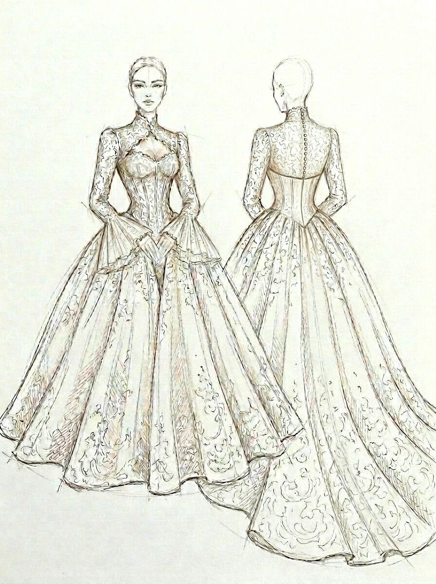 Design sketch for Mary Jay's custom high-neck glitter lace ballgown showing front and back views, corset bodice, sleeves, full skirt, and train