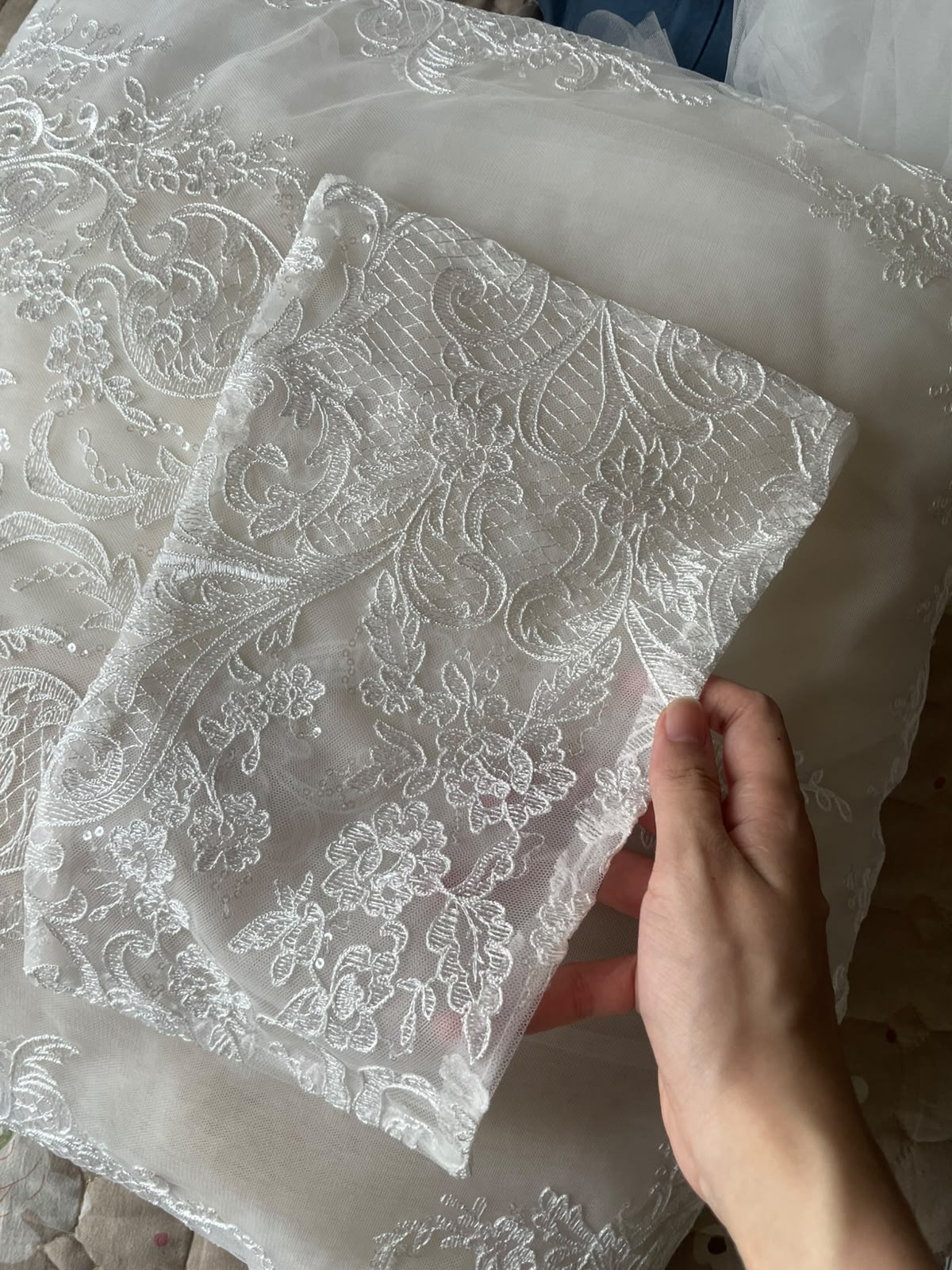 Premium Alencon lace patch proof reviewed before Franziska's custom mermaid wedding dress was finished