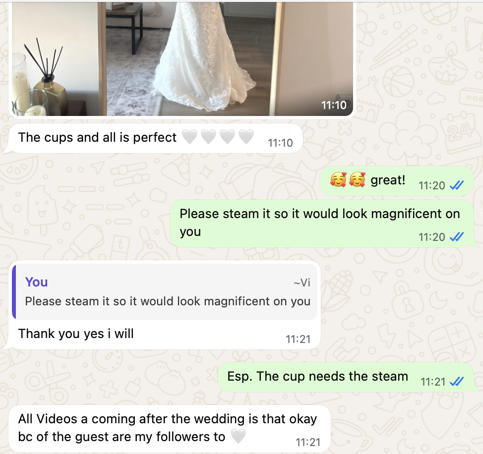Redacted WhatsApp cup-fit note from Franziska confirming the cups on her Alencon lace mermaid dress