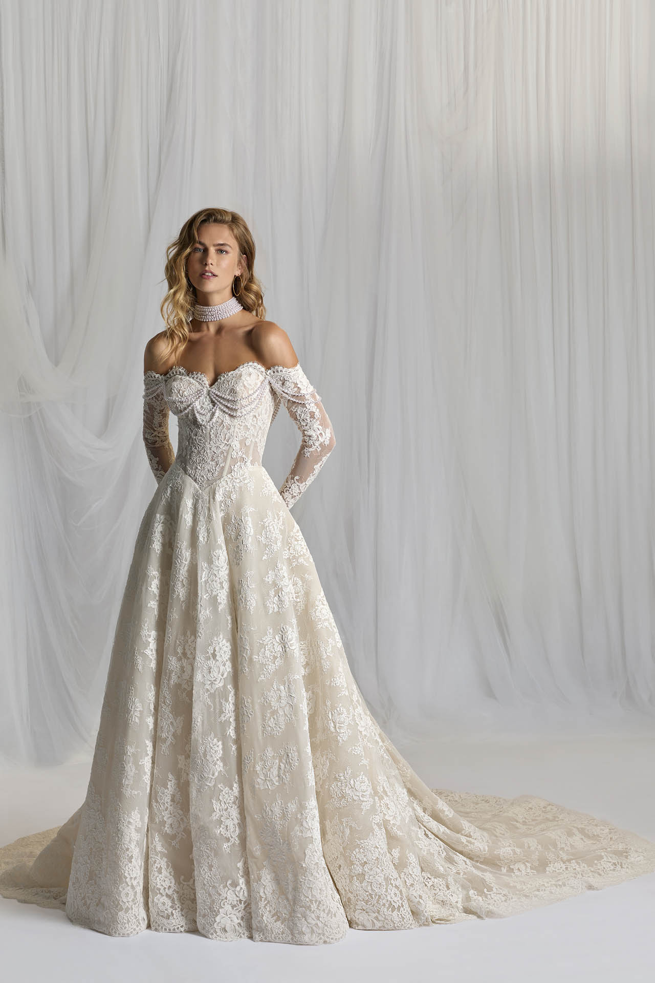 Berta-inspired reference Bianca sent for the premium lace A-line wedding dress front direction
