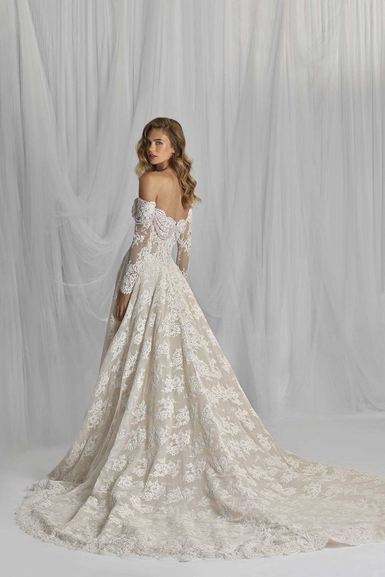 Berta-inspired reference Bianca sent for the premium lace A-line back and train direction