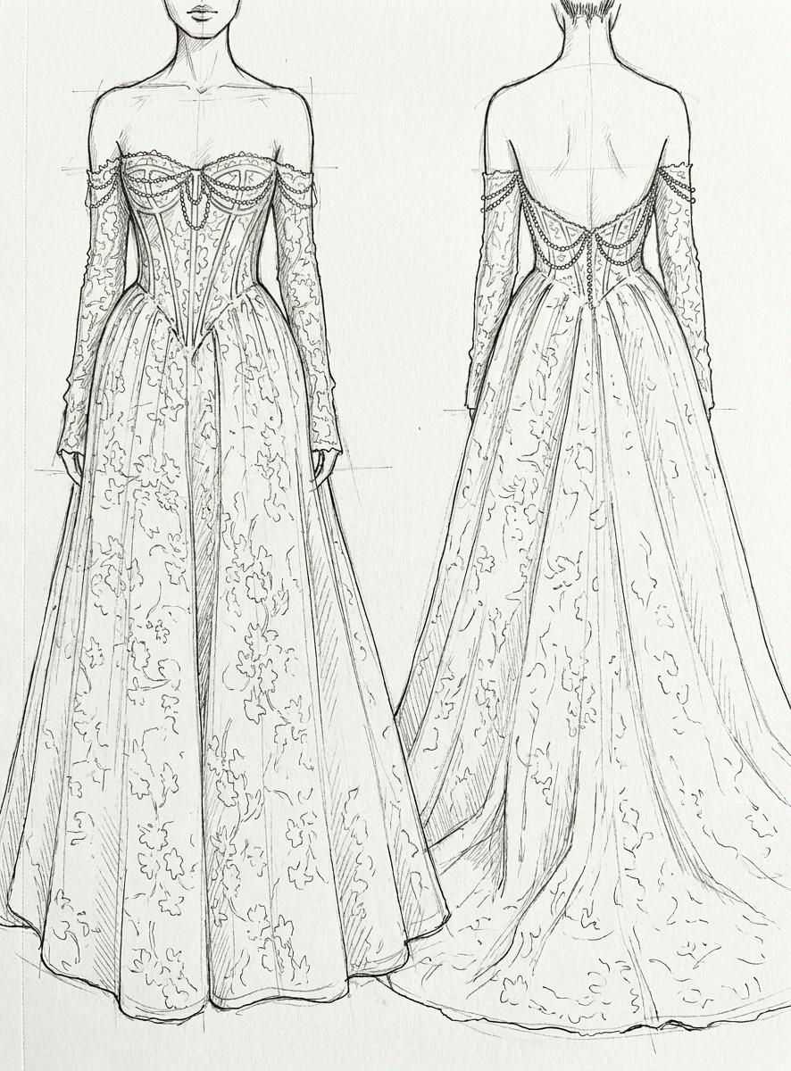Working sketch for Bianca's premium lace A-line wedding dress with string pearl draping, front and back views